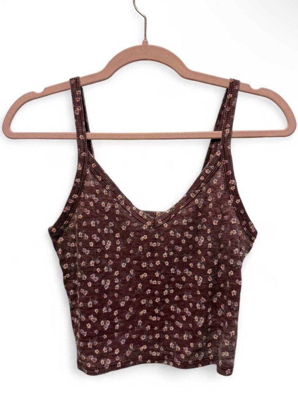 American Eagle Outfitters Brown Floral Ribbed V-Neck Crop Tank